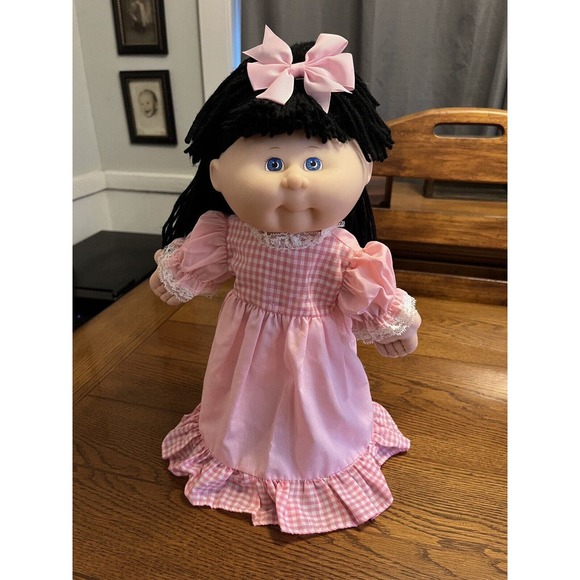 Cabbage Patch Kids Other - 1990 Mattel Cabbage Patch Kid Black Hair Blue Eyes Pink Gingham Dress & Bow